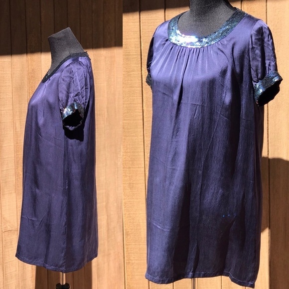 French Blue Silk Sheath Dress Sequins Nana Ki - Picture 3 of 6